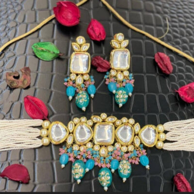 Gold Finish Kundan Polki & Rani Blue Beaded Choker Necklace With Earrings