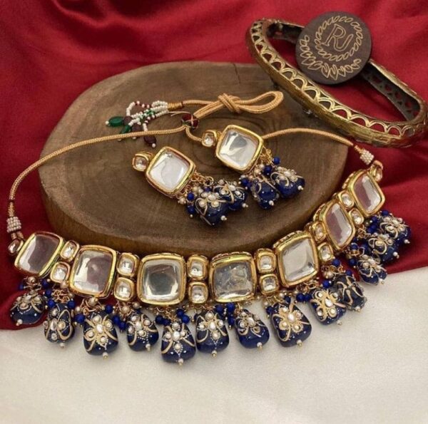 Indian Gold Plated Kundan Polki Choker Necklace With Earrings - Image 2