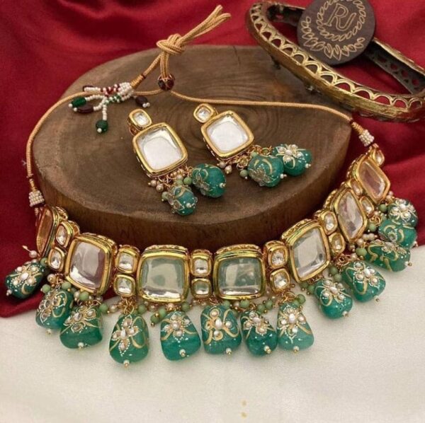 Indian Gold Plated Kundan Polki Choker Necklace With Earrings