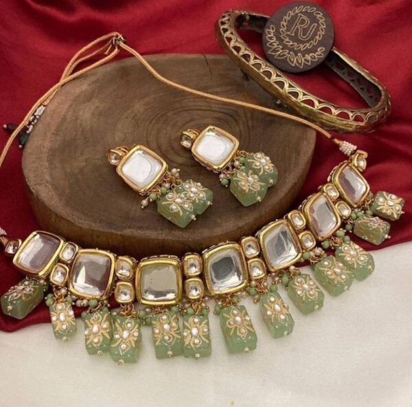 Indian Gold Plated Kundan Polki Choker Necklace With Earrings - Image 3