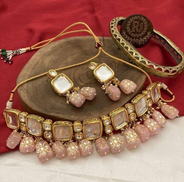 Indian Gold Plated Kundan Polki Choker Necklace With Earrings - Image 4