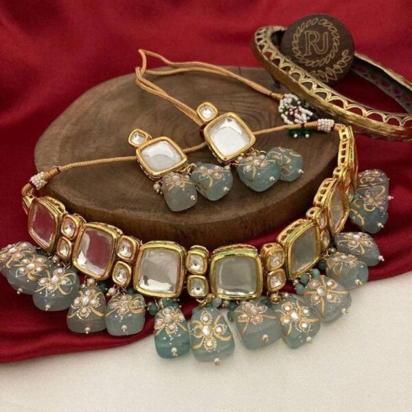 Indian Gold Plated Kundan Polki Choker Necklace With Earrings - Image 5
