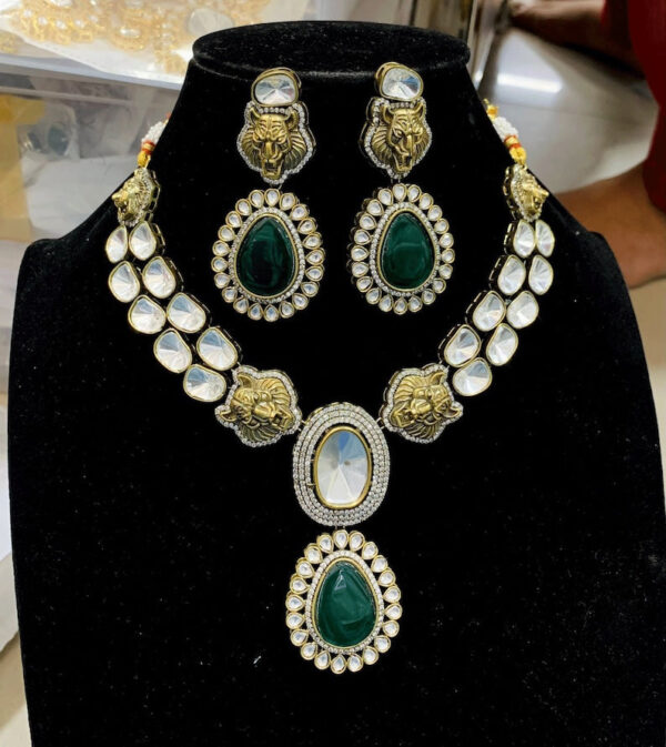 Sabyasachi Inspired Multicolour Long Polki Necklace With Earrings - Image 2