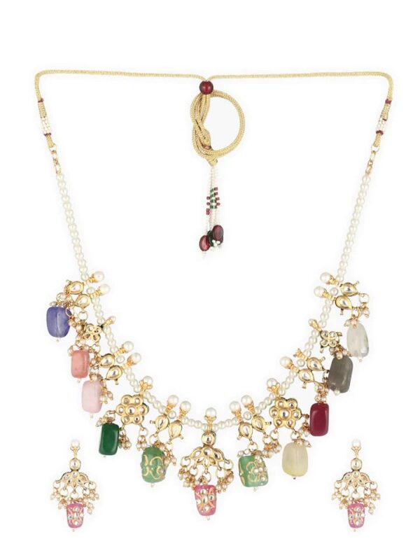 Gold Finish Kundan Necklace With Multicolor Stone In Mix Metal - Image 3