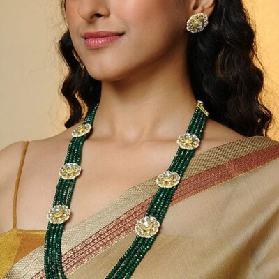 Green Kundan Multi-layered Necklace With Earring