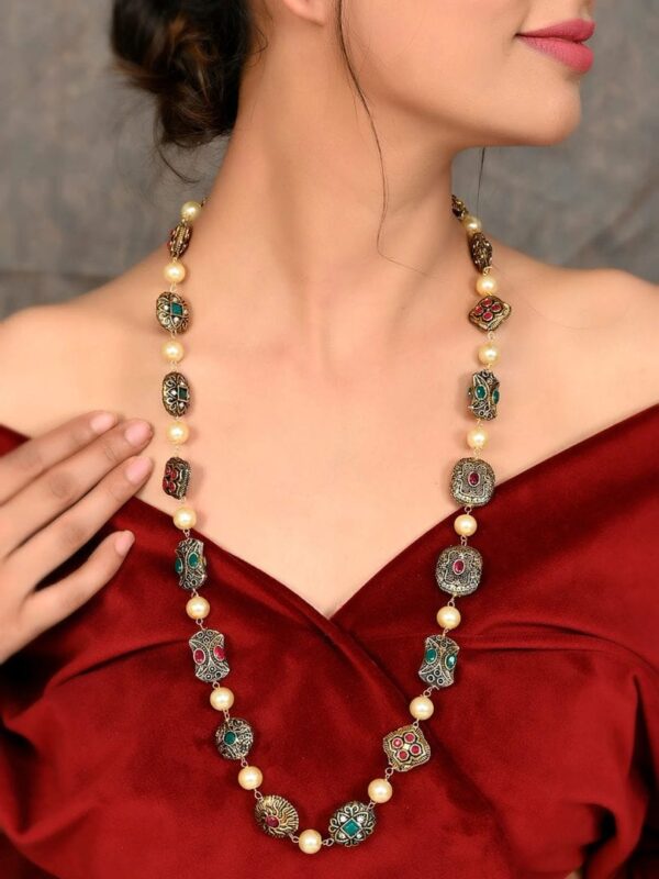 Gold Plated Long Multi Beads Kundan Necklace - Image 2