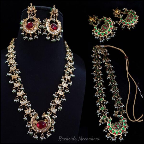 Long Kundan Polki Necklace With Earrings - Image 8