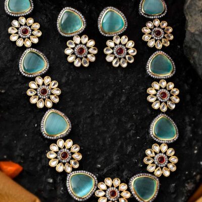 Gold Plated Blue & White Kundan Jewellery Set