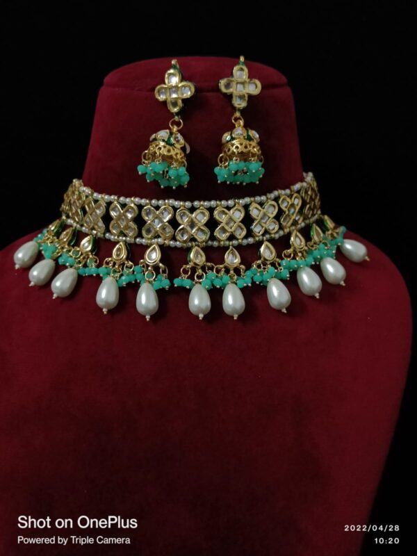 Bridal Kundan and White Drop Stones Necklace Set - Image 4