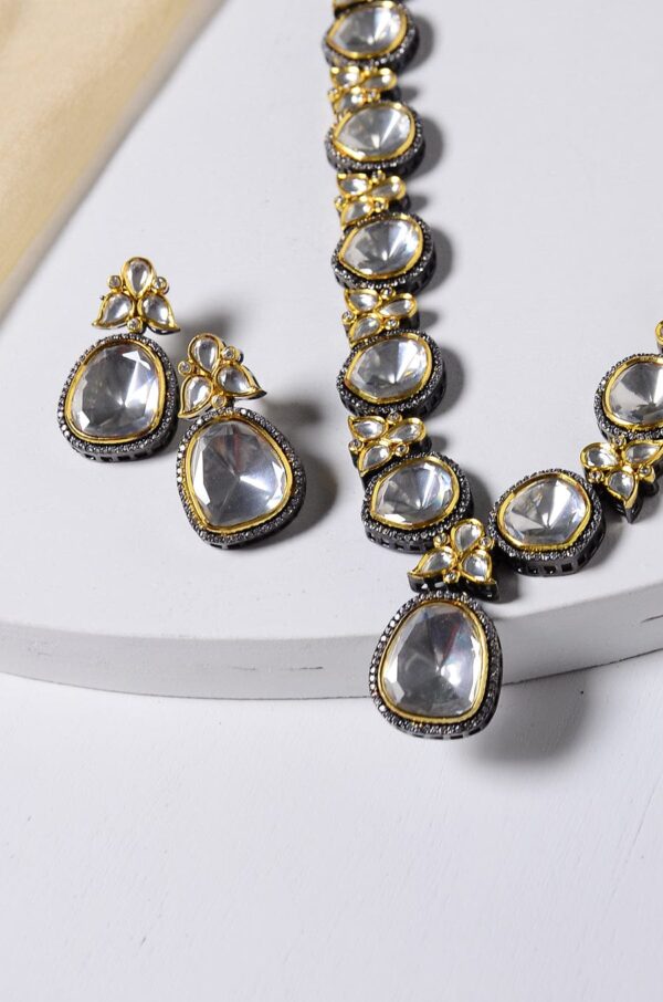 Gold Plated Polki And Cubic Zirconia Victorian Necklace Set - Image 6