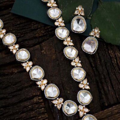 Gold Plated Polki And Cubic Zirconia Victorian Necklace Set
