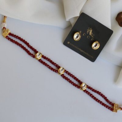 Red Kundan Choker Set With Earring
