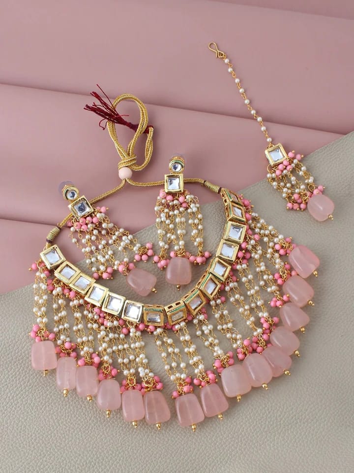 Gold Plated Pink Jewellery Set with Earring