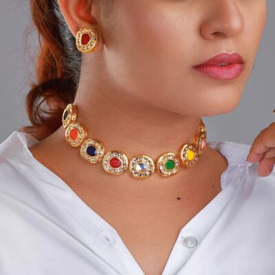 Multicolor Kundan Necklace With Earring