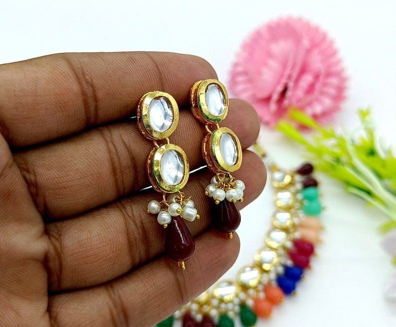 Bollywood Inspire Kundan Choker Necklace Set With Multi Color Stone - Image 5