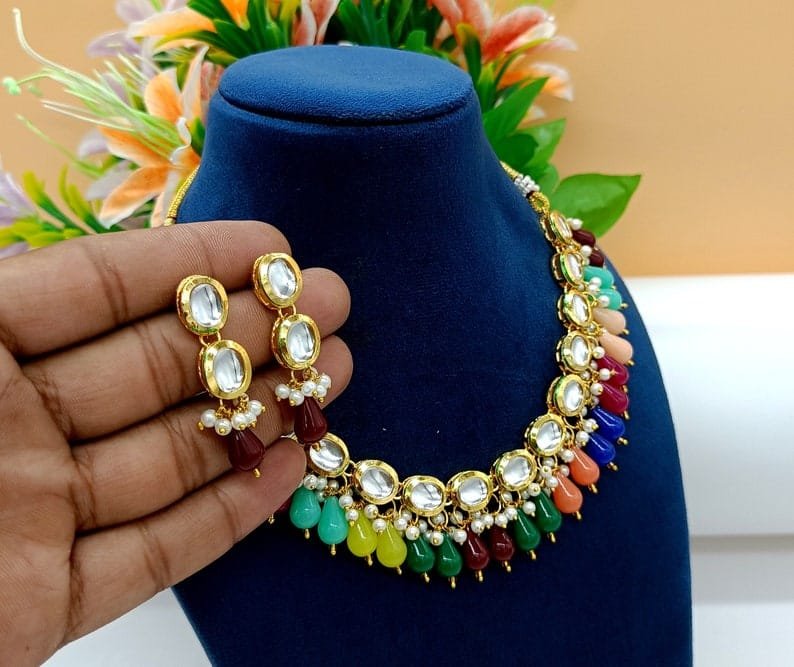 Bollywood Inspire Kundan Choker Necklace Set With Multi Color Stone - Image 6