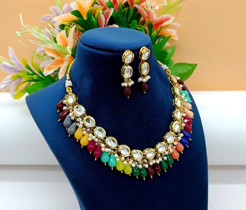 Bollywood Inspire Kundan Choker Necklace Set With Multi Color Stone