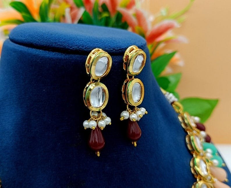 Bollywood Inspire Kundan Choker Necklace Set With Multi Color Stone - Image 7