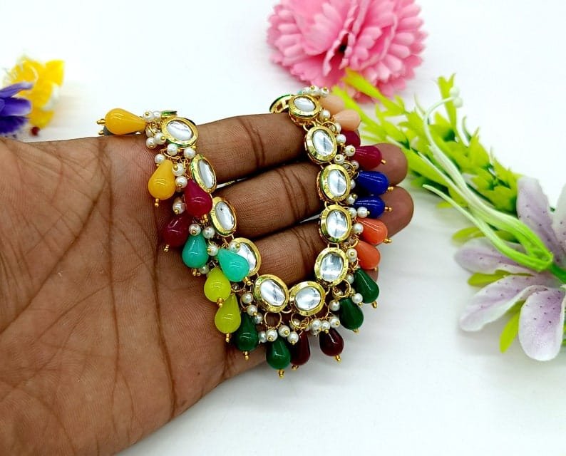 Bollywood Inspire Kundan Choker Necklace Set With Multi Color Stone - Image 8