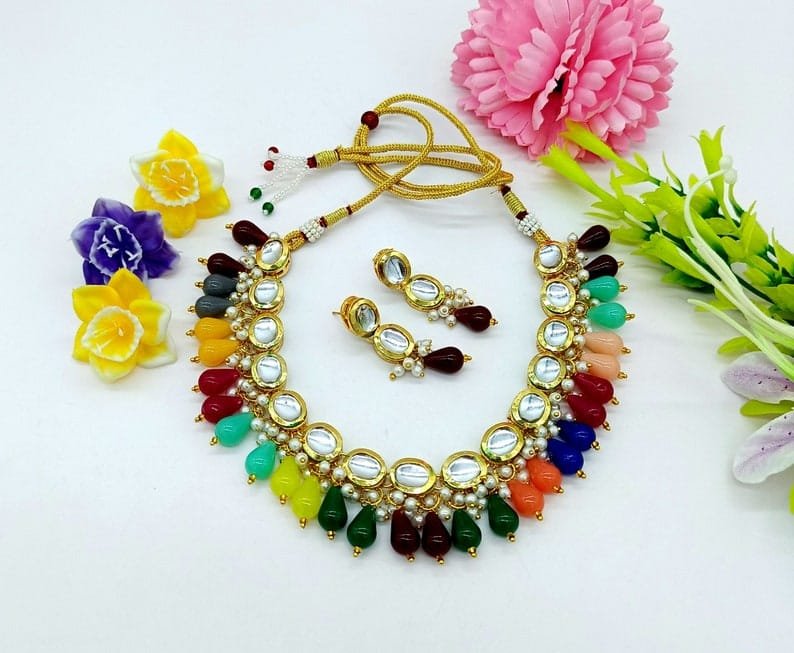 Bollywood Inspire Kundan Choker Necklace Set With Multi Color Stone - Image 9