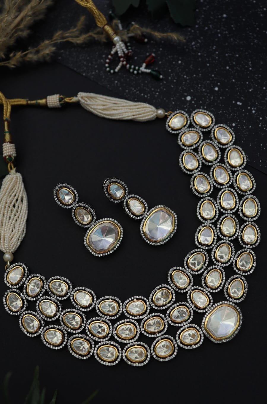 Silver Plated Pearls Polki Embellished Choker Necklace - Image 4