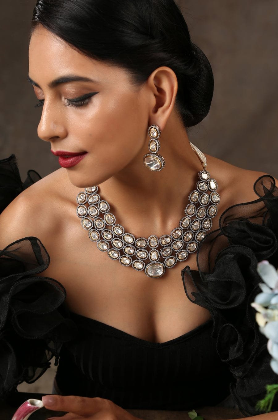 Silver Plated Pearls Polki Embellished Choker Necklace - Image 2