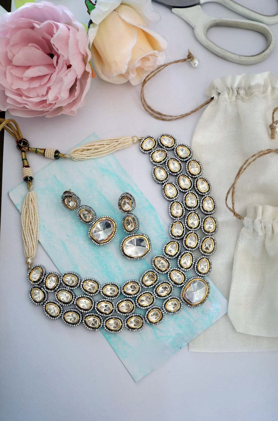 Silver Plated Pearls Polki Embellished Choker Necklace - Image 6