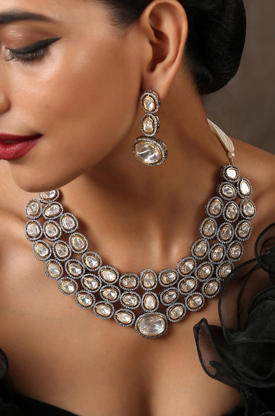 Silver Plated Pearls Polki Embellished Choker Necklace - Image 5