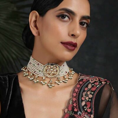 Gold Plated Choker With Kundan Flower Highlight In The Centre, Moti Strings And Tassel Detailing