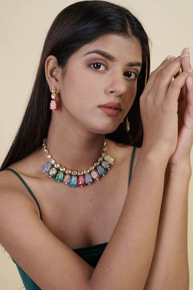 Gold-Plated Jewellery Set With Multi Stone