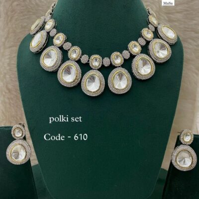 Silver Finish Kundan Polki Necklace Set