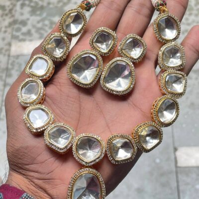 Silver Finish Kundan Polki Necklace Set