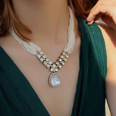 Silver Finish Kundan Polki Necklace Set