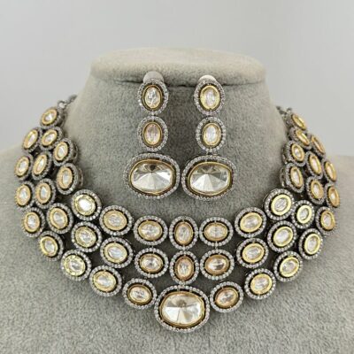 Silver Finish Kundan Polki Necklace Set