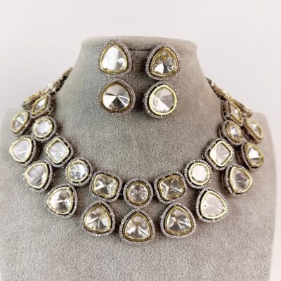 Silver Finish Kundan Polki Necklace Set