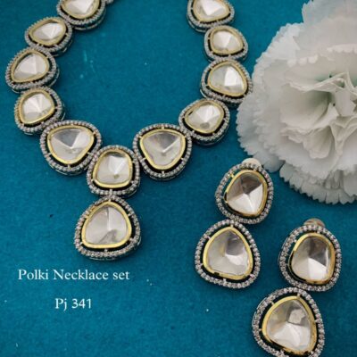 Silver Finish Kundan Polki Necklace Set