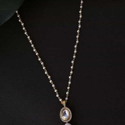 Gold Finish White Kundan Polki & Pearl Handcrafted Long Necklace