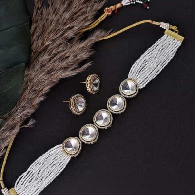 Silver Finish Kundan Polki Necklace Set