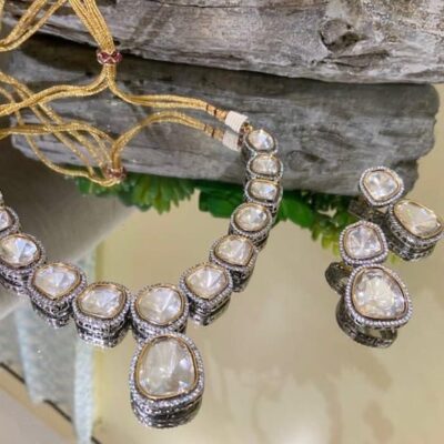 Silver Finish Kundan Polki Necklace Set