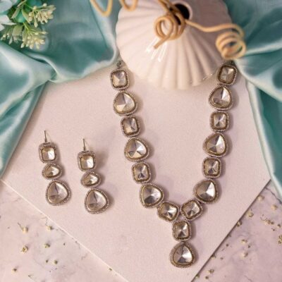 Silver Finish Kundan Polki Necklace Set