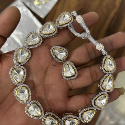 Two Tone Finish Kundan Polki & Pearl Choker Necklace Set