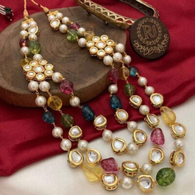 Gold Finish Multi-Colored Semi-Precious Stone & Crystal Bead Necklace