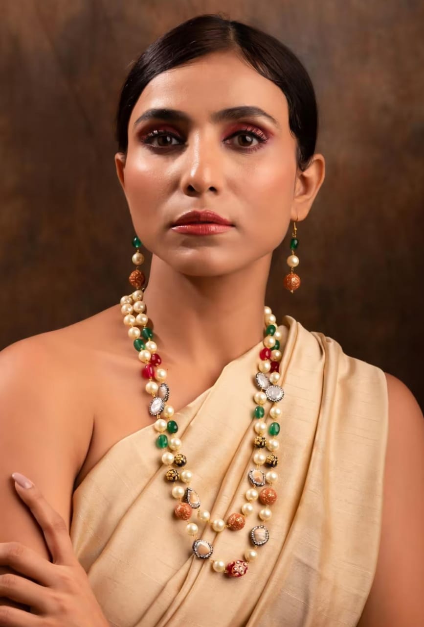 Gold Finish Multi-Colored Semi-Precious Stone & Crystal Bead Necklace - Image 2