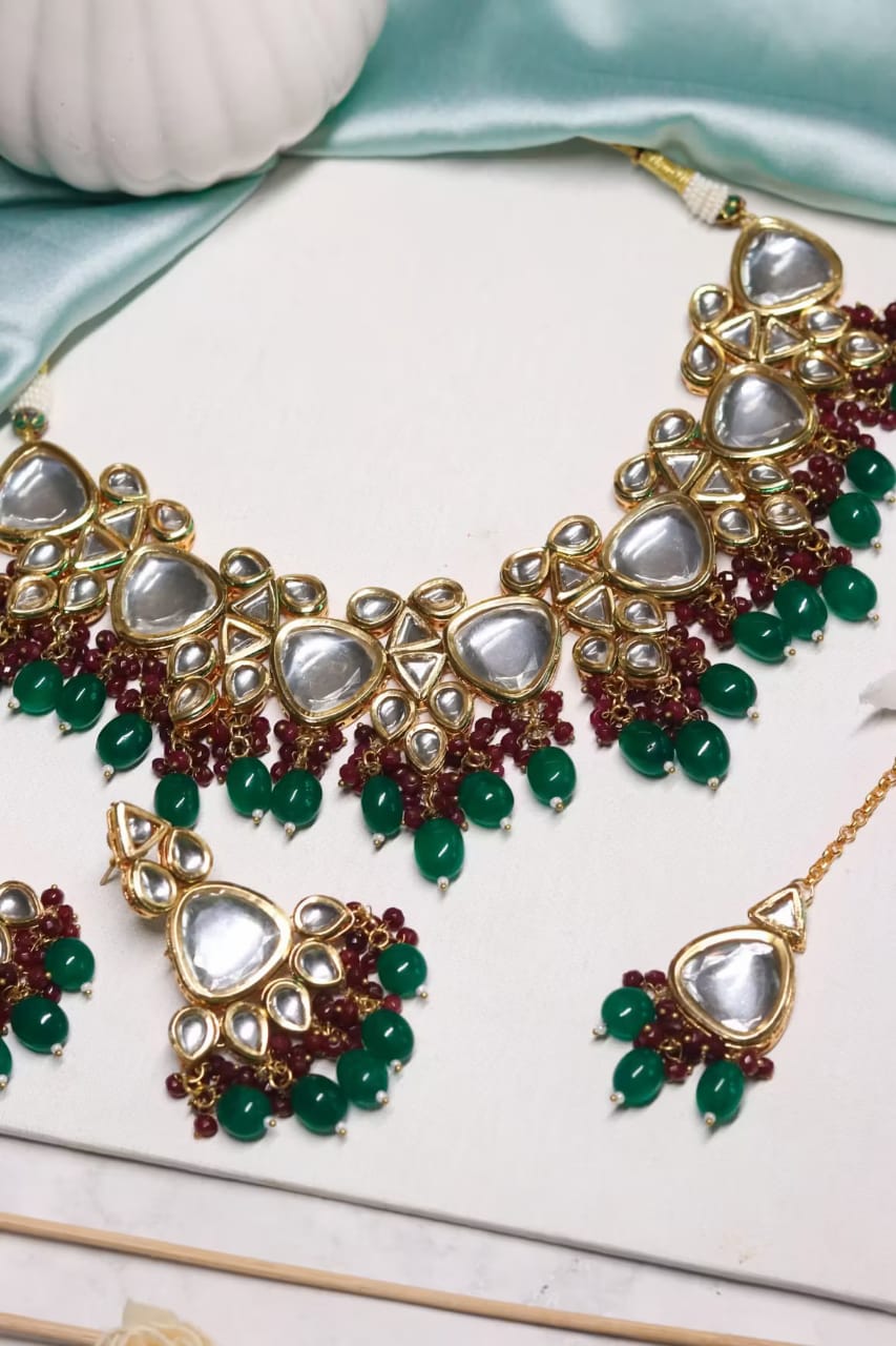 Gold Plated Bridal Kundan Polki Choker Necklace Set - Image 3