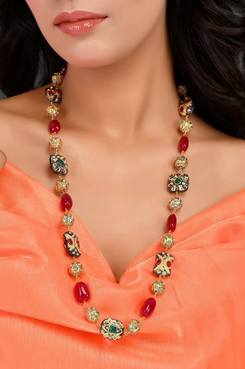Gold Finish Multi-Colored Semi-Precious Stone & Crystal Bead Necklace - Image 3
