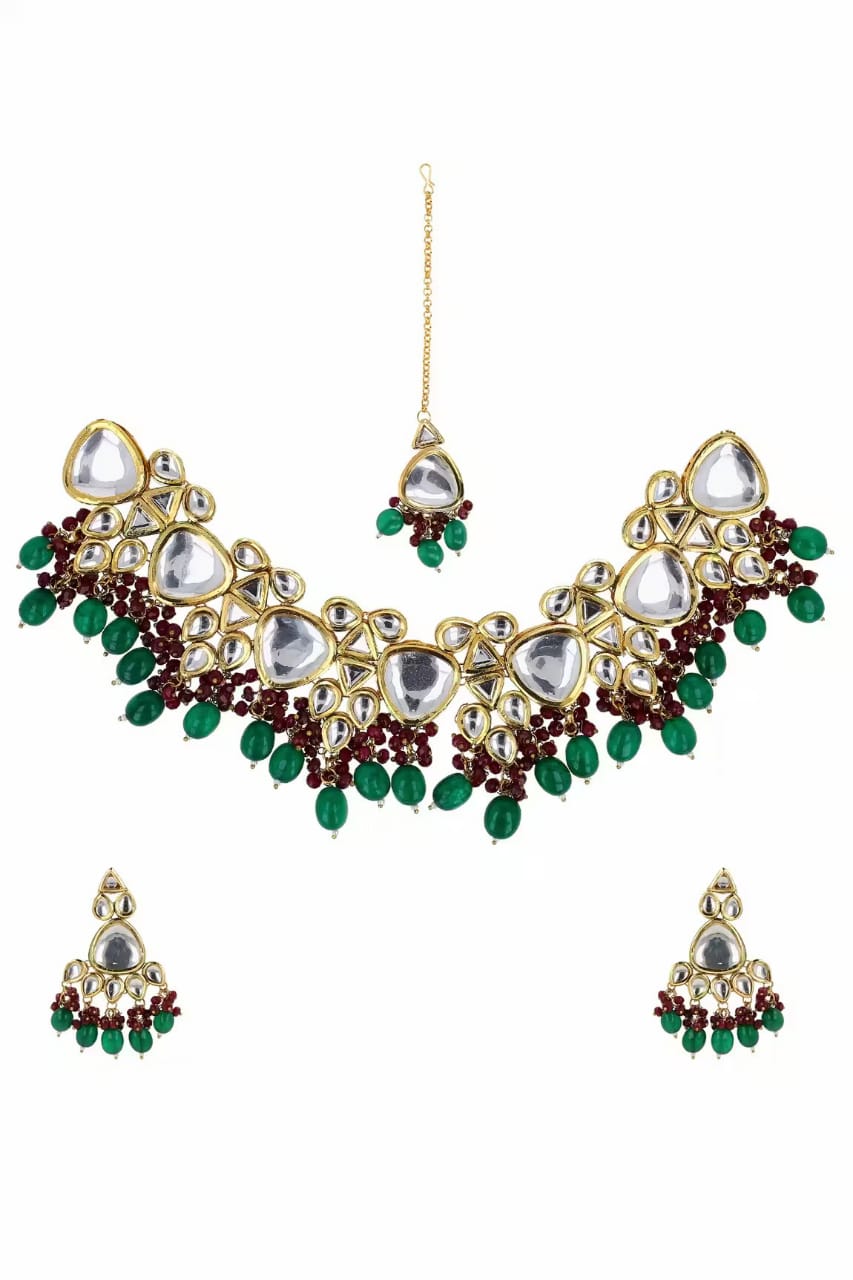 Gold Plated Bridal Kundan Polki Choker Necklace Set - Image 5