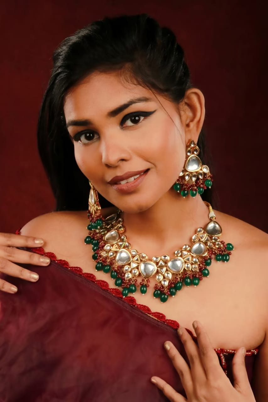 Gold Plated Bridal Kundan Polki Choker Necklace Set - Image 4