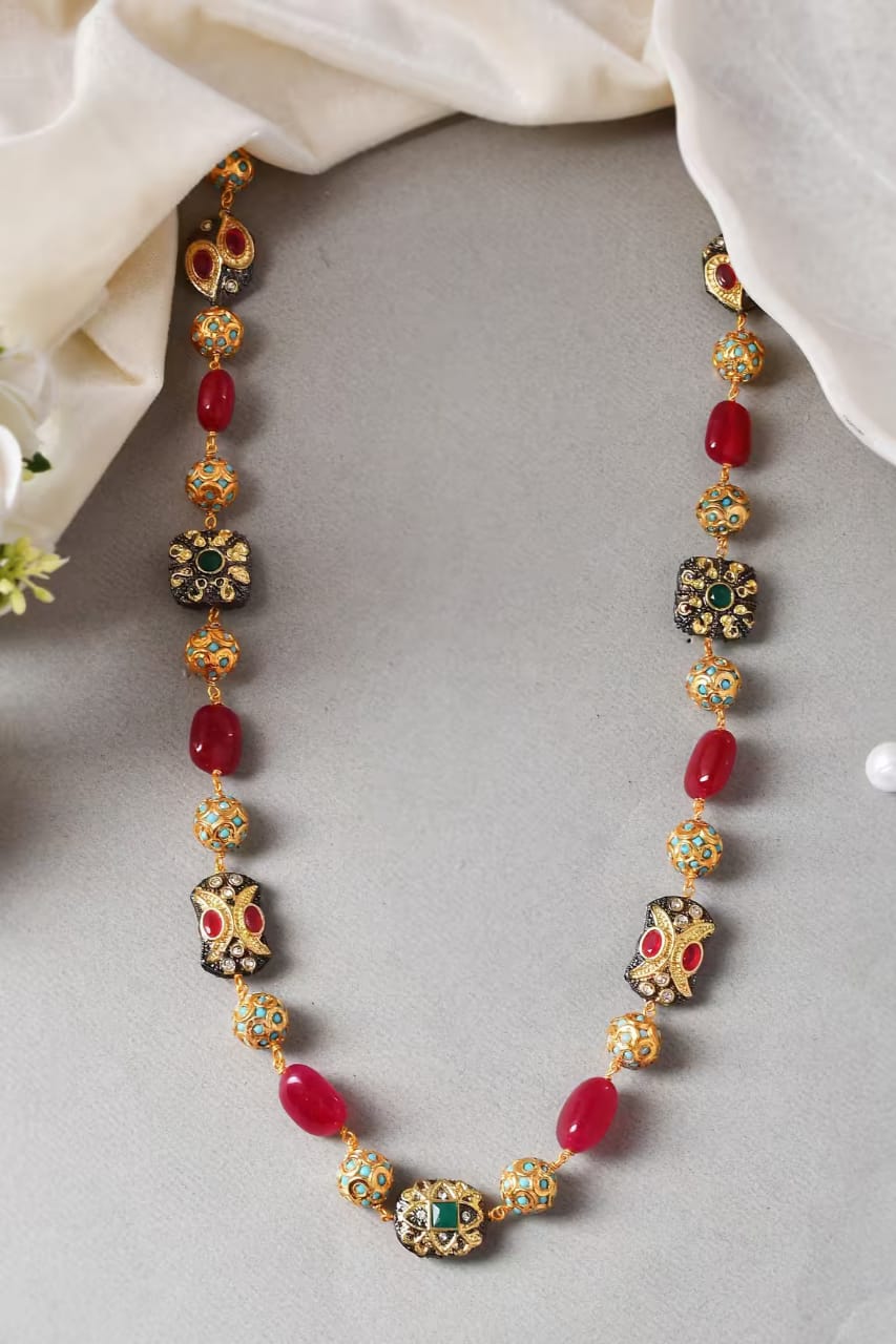 Gold Finish Multi-Colored Semi-Precious Stone & Crystal Bead Necklace