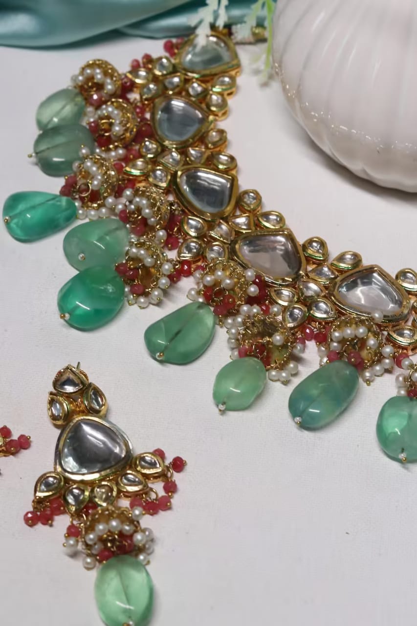 Gold Plated Bridal Kundan Polki Choker Necklace Set - Image 4