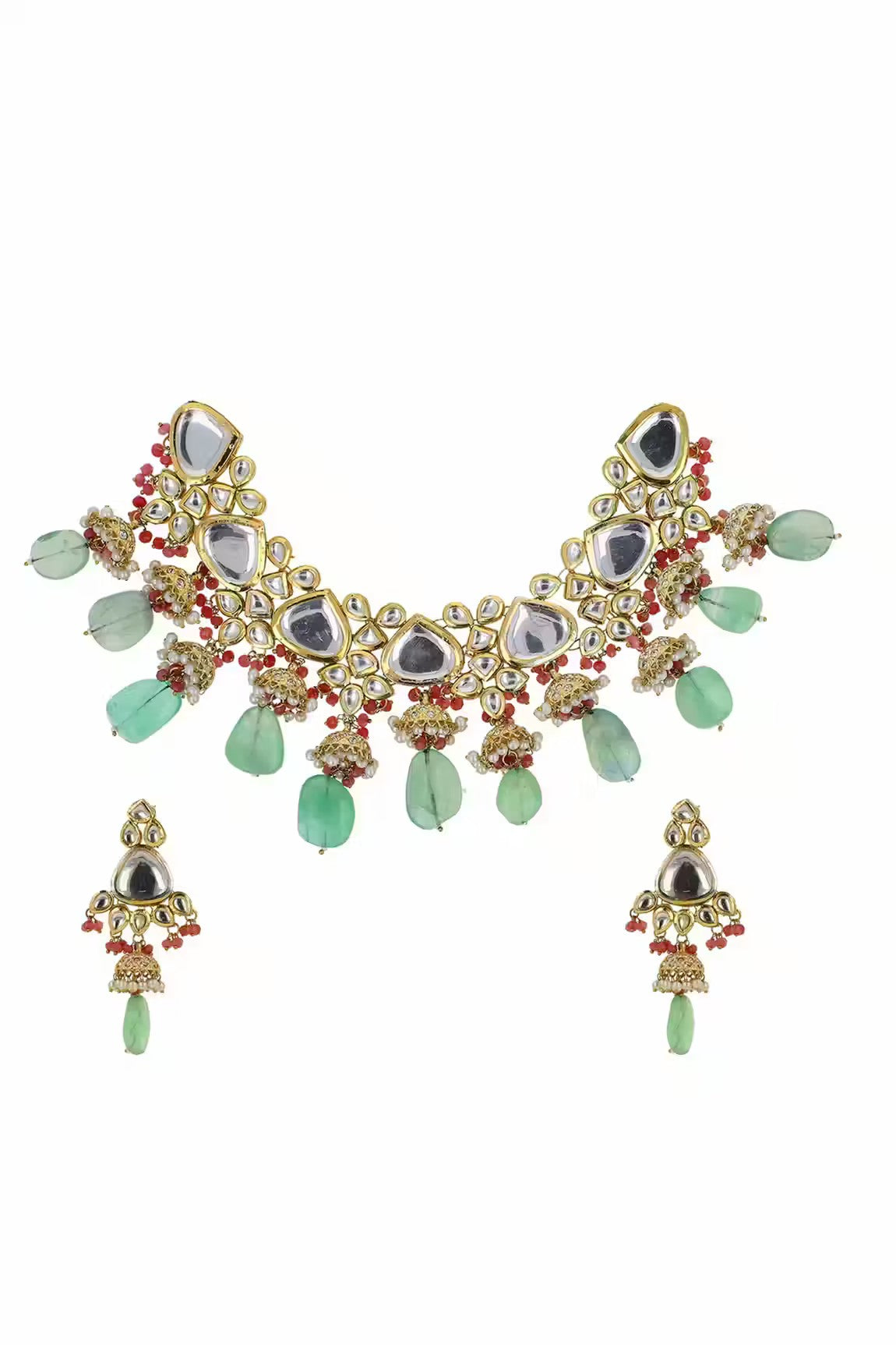 Gold Plated Bridal Kundan Polki Choker Necklace Set - Image 5
